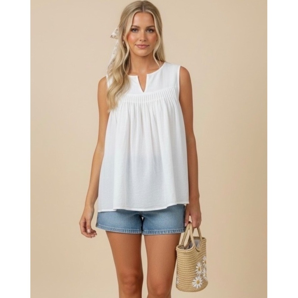 See U Soon White Size Small Sleeveless Pintuck Pleated Flowy Top Cottage Core